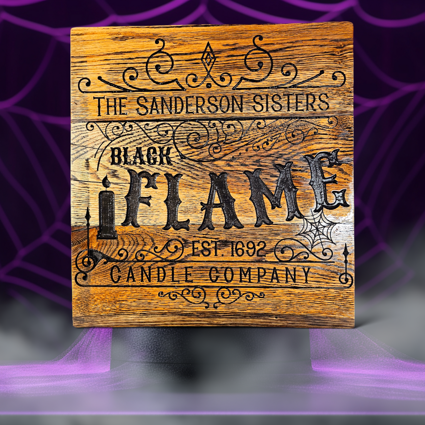 Sanderson Sisters Black Flame candle company sign